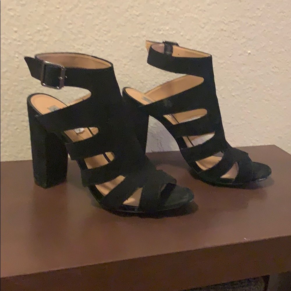 Black strappy suede heels